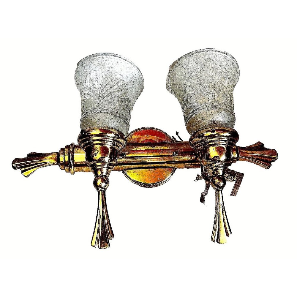 VTG Brass Light Wall Fixture Bath Vanity Gold Finish 2 Frosted Tulip Shades NWT